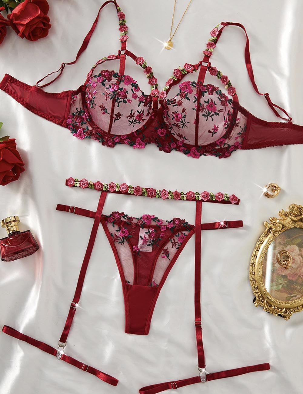 Ladies Floral Embroidery See Through 3PCS Lingerie Set 8XX0170