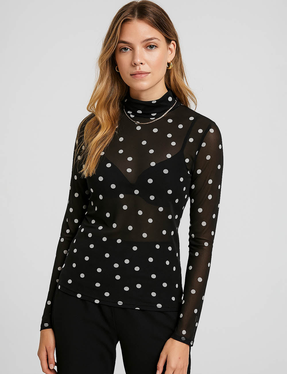 Ladies Sheer Mesh Polka Dot Mock Collar Layering Top