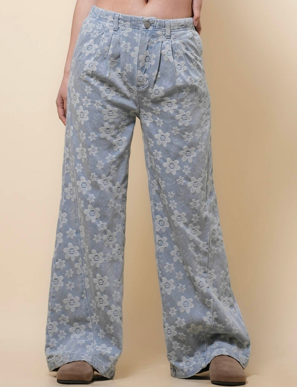 Ladies Floral Print Mid Waist Wide Leg Jeans SKP50110