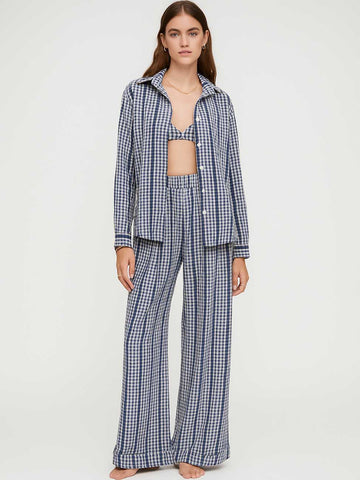 Women Checked Cozy Color Block Bra Shirt Pants 3PCS Set