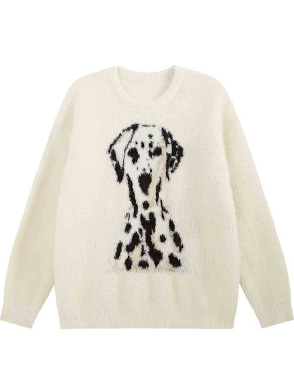 Ladies Color Block Pullover Spotted Dog Pattern Long Sleeves Sweater