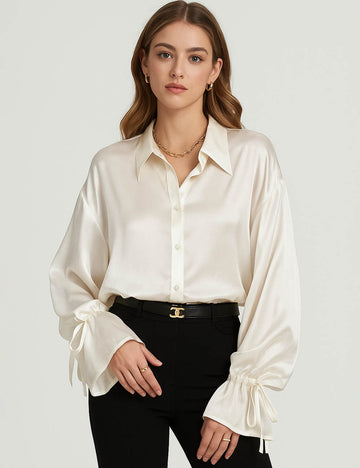Ladies Satin Turn Down Collar Flared Sleeves Shirt
