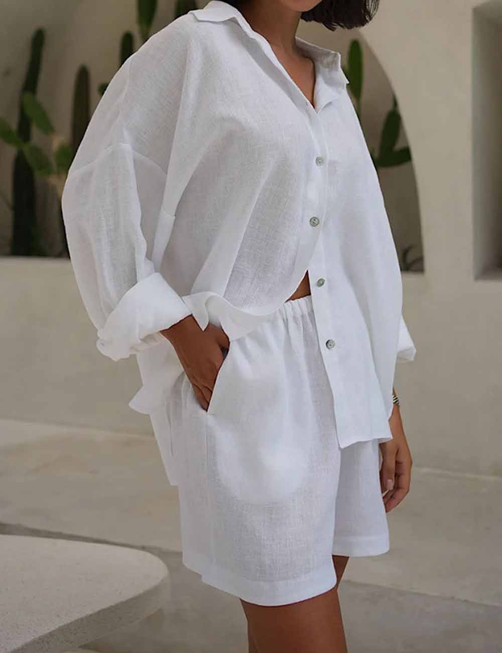 Ladies Solid Color Button Down Shirt Shorts 2PCS Set