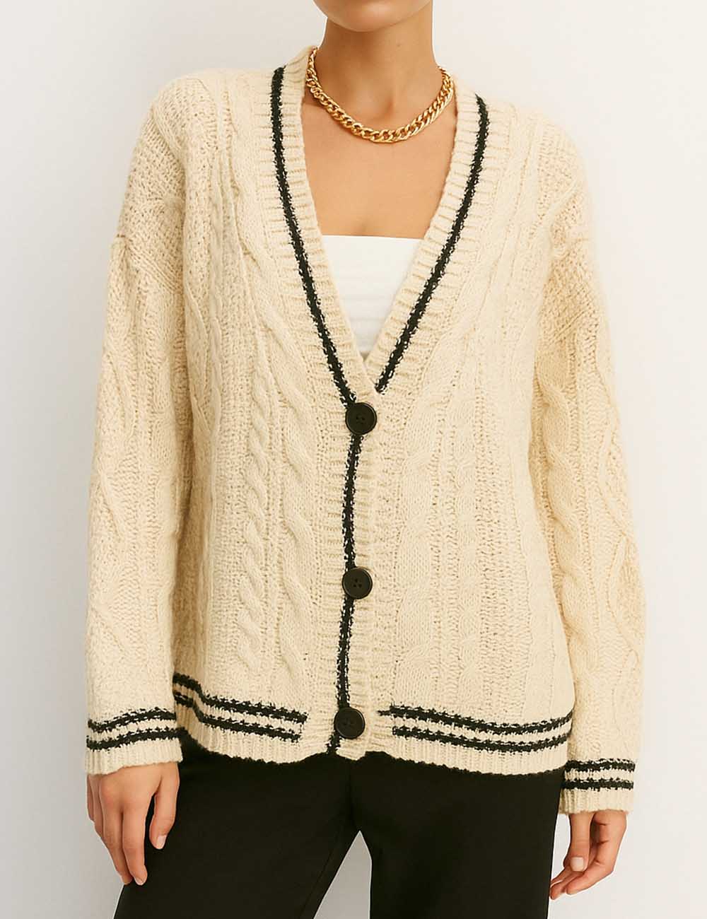Ladies Cable Knit Striped Trim V-Neck Cardigan