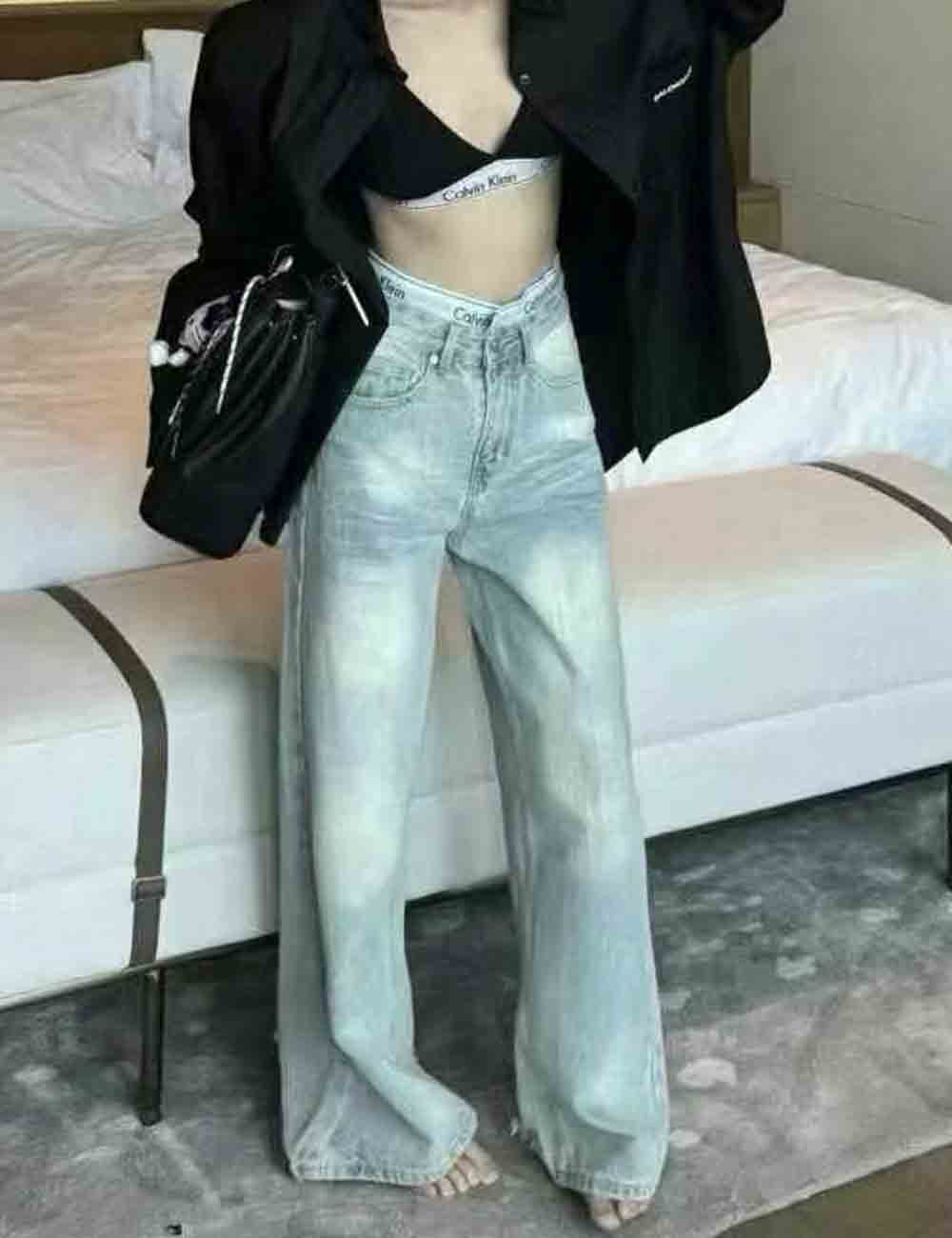 Ladies Distressed Patchwork Wide Leg Denim Pants