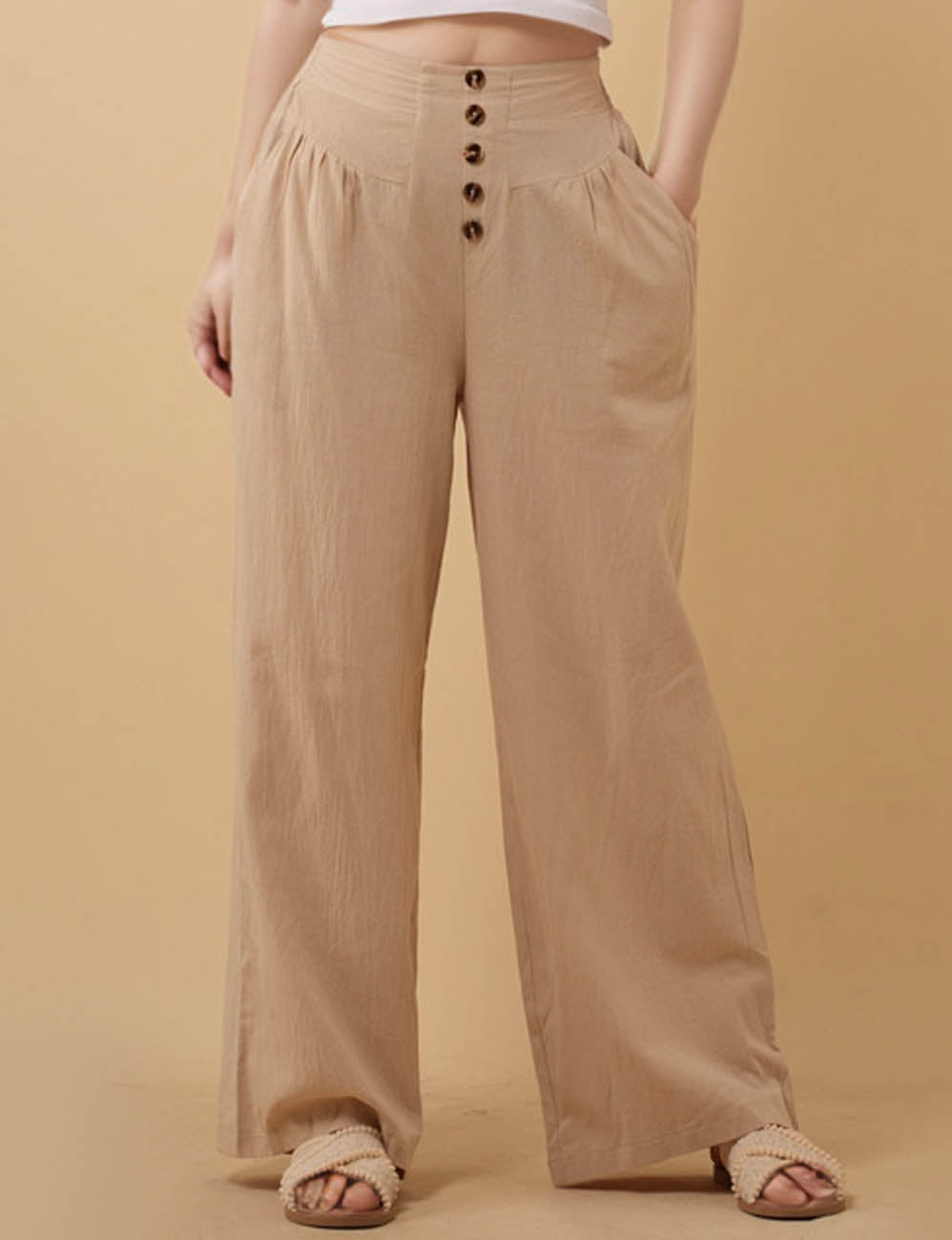 Ladies Button High Waist Wide Leg Pants 8SKP50456