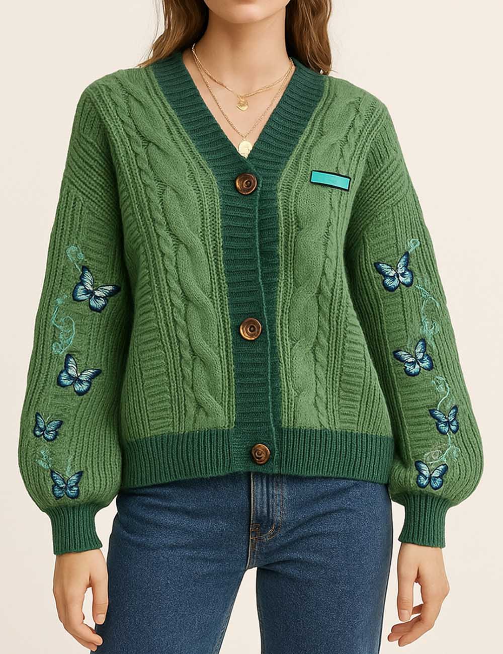 Ladies V-Neck Button Embroidery Chunky Cable Cardigan