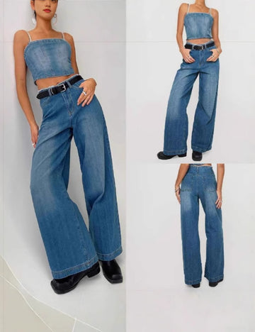 Ladies Frayed Edge Button Pocket Wide Leg Denim Pants