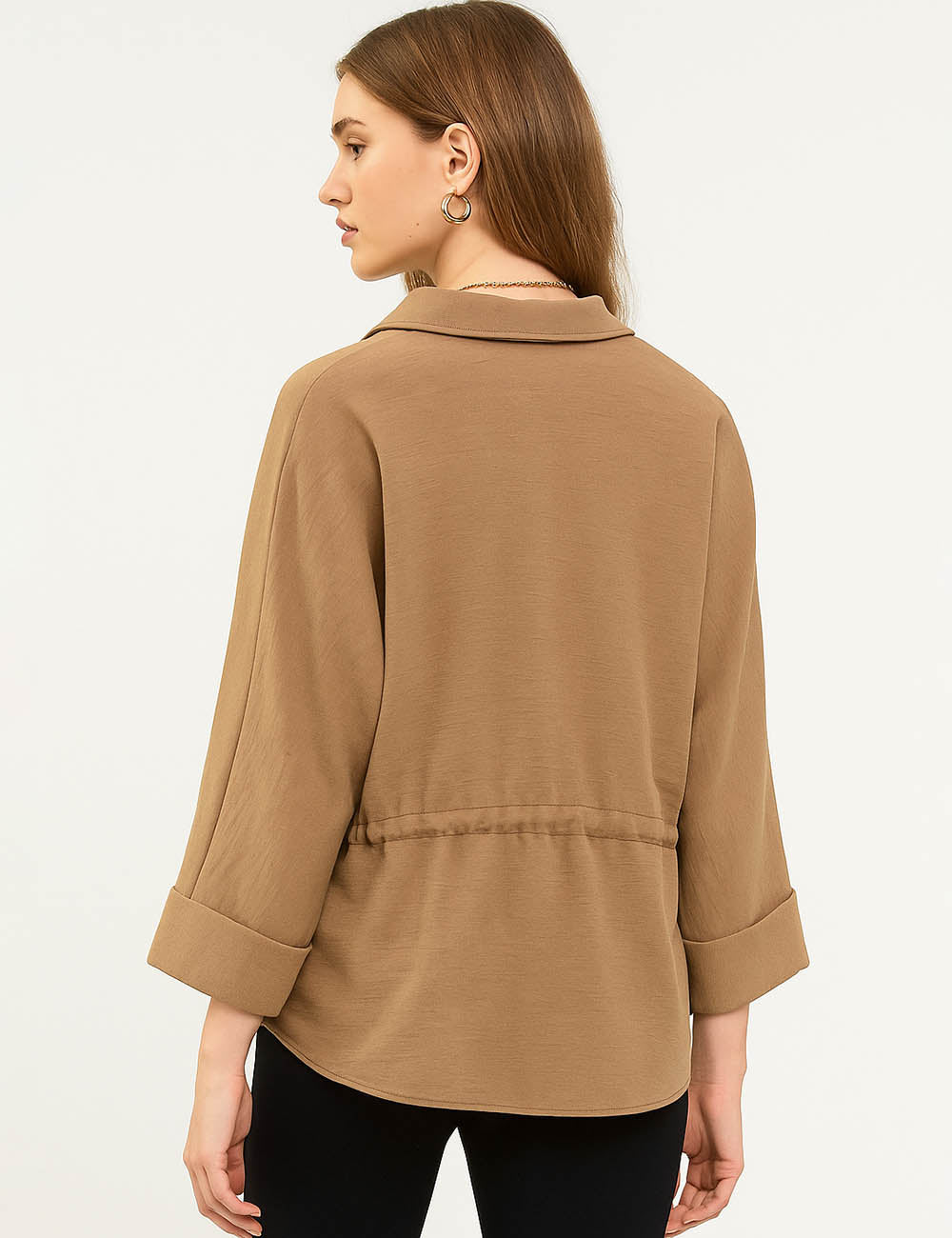 Ladies Solid Color Shirt Collar Drawstring Waist Blouse