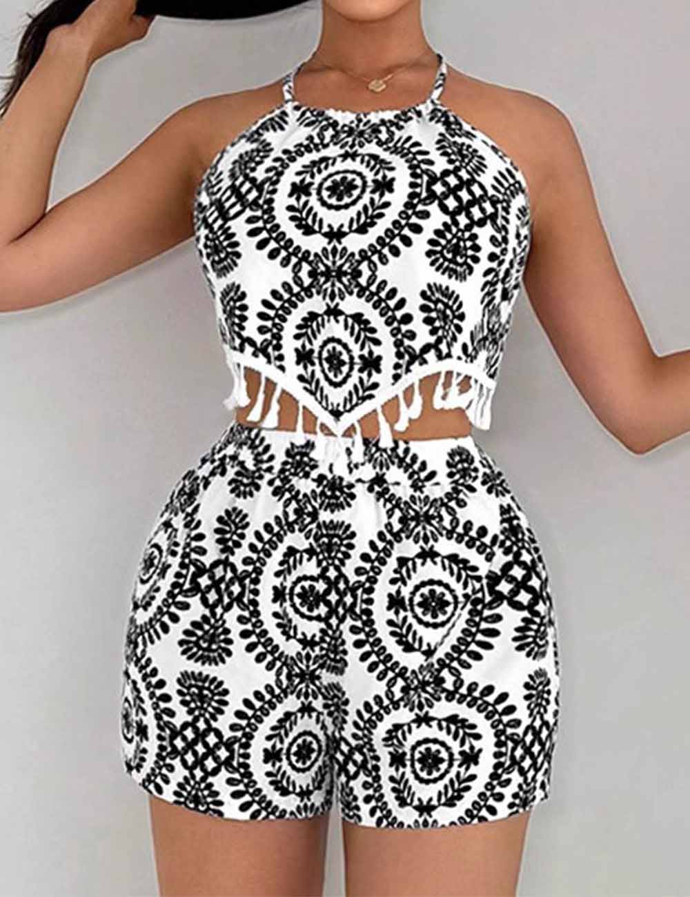 Ladies Allover Print Fringe Halter Backless Top & Shorts Set 