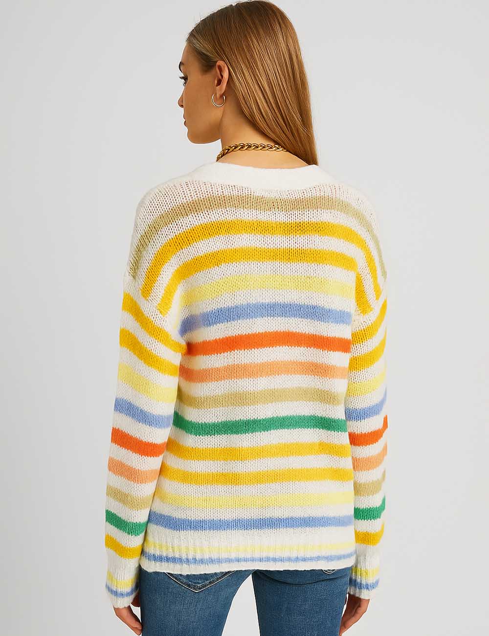 Ladies V-Neck Rainbow Striped Button Knit Cardigan