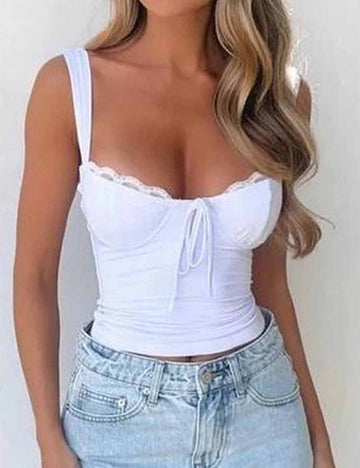 Ladies Solid Color Square Neck Lace Strap Shoulder Cami Top