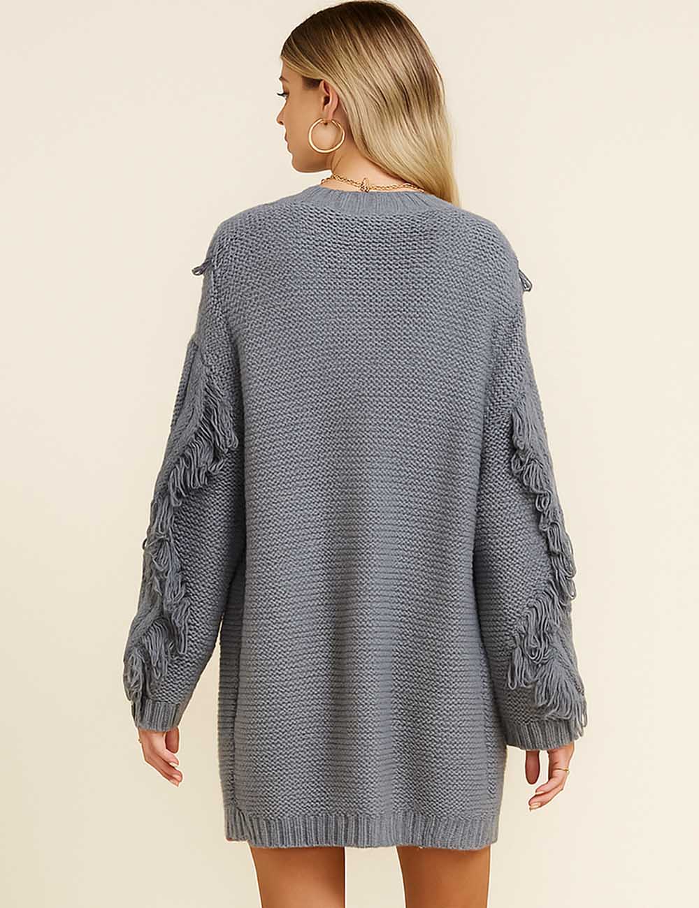 Ladies Chunky Knit Fringe Tassels Button Front Cardigan
