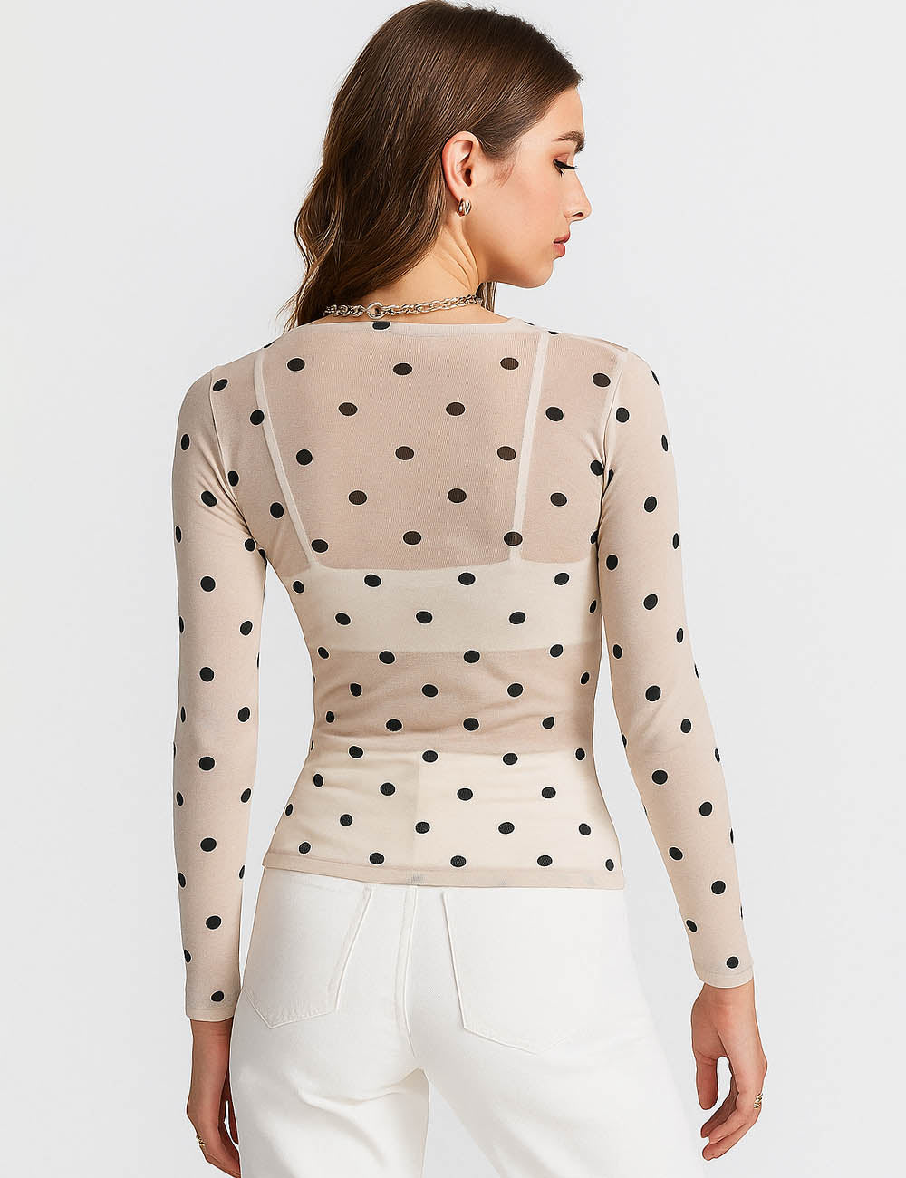 Ladies Polka Dot See Sheer Long Sleeves Layering Top