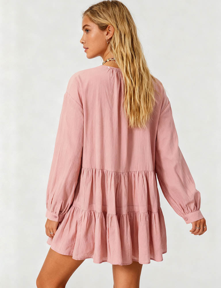 Ladies Embroidery Tie Neck Long Sleeves Tiered Mini Dress