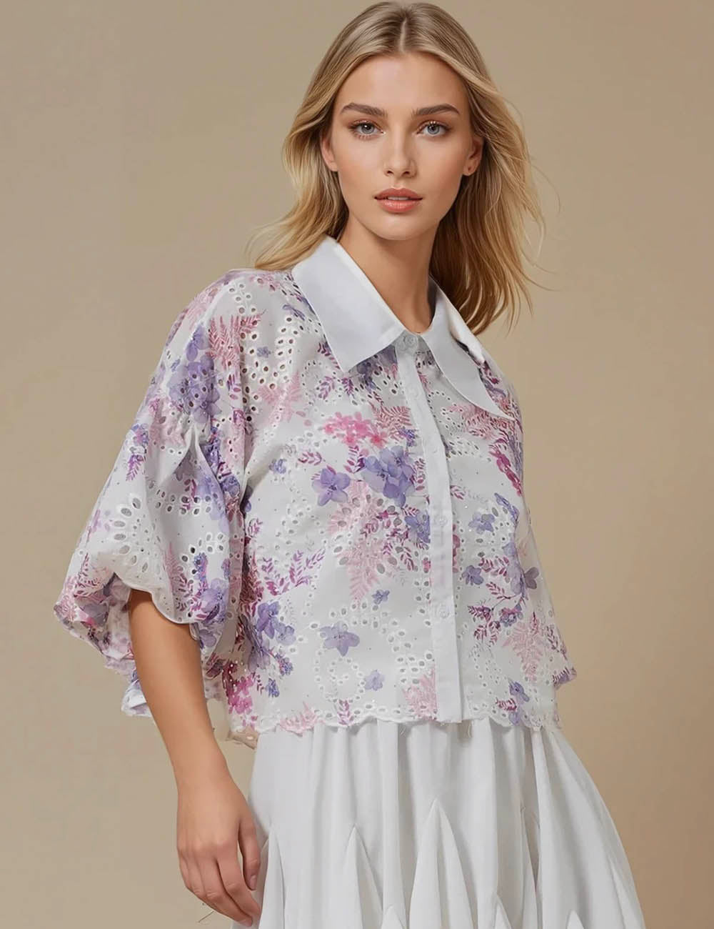Ladies Eyelet Floral Print Short Sleeves Shirt JT5502