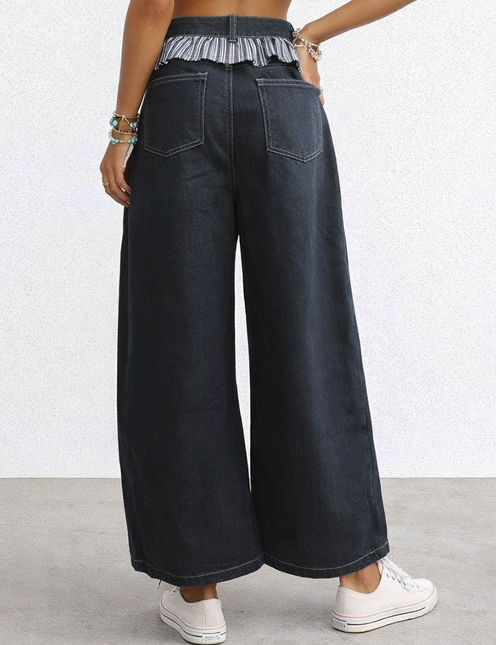 Ladies Checked Panel Button Pocket Barrel Leg Denim Pants