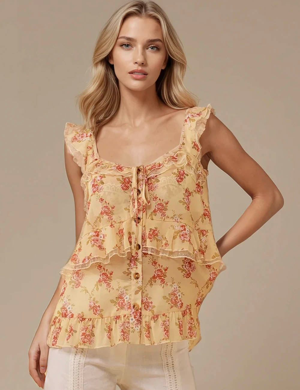 Ladies Romatic Boho See Sheer Ruffle Cami Blouse SKT5K9