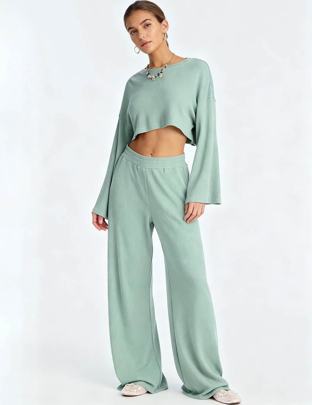 Ladies Casual Set Flared Sleeves Top Wide Leg Pants 2PCS Set