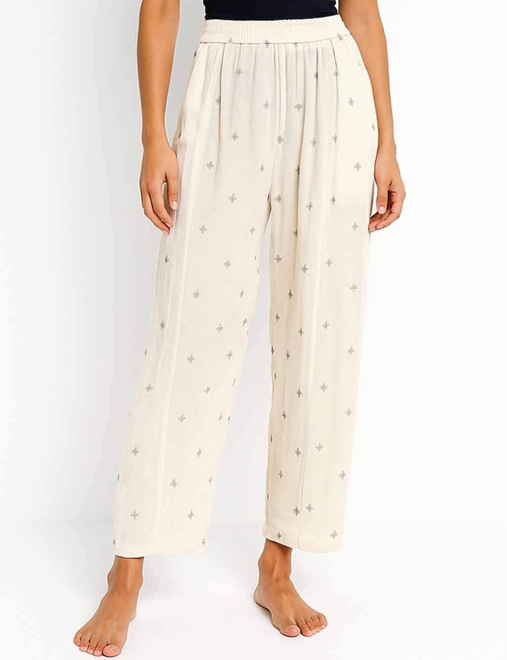 Ladies Geometric Pattern Embroidery Elastic Waist Wide Leg Pants