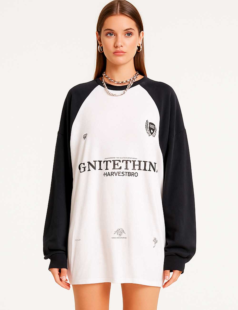 Ladies Color Block Graphic Print Round Neck Long Sleeves T-Shirt