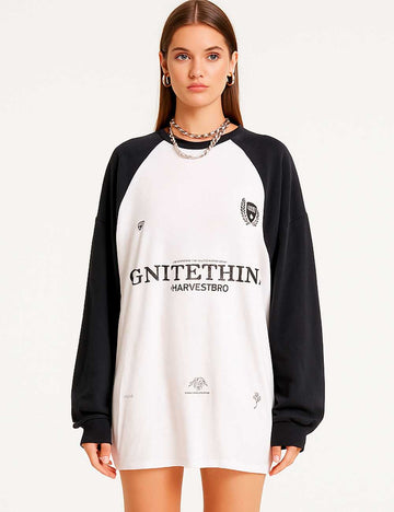 Ladies Color Block Graphic Print Round Neck Long Sleeves T-Shirt