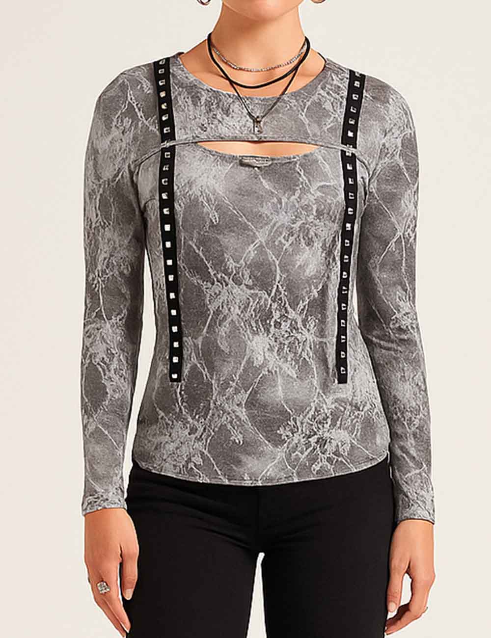 Ladies Sexy Lace Print Cut Out Studded Strap Top
