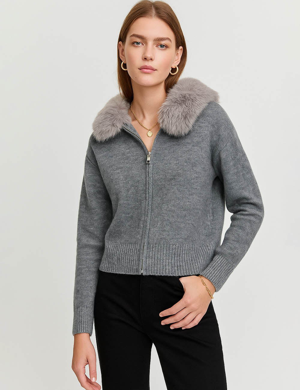 Ladies Faux Fur Collar Zip Up Ribbed Knit Cardigan