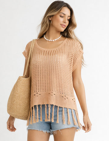 Ladies Chic Crochet Knit Hollow-Out Fringe Cover-Up Top