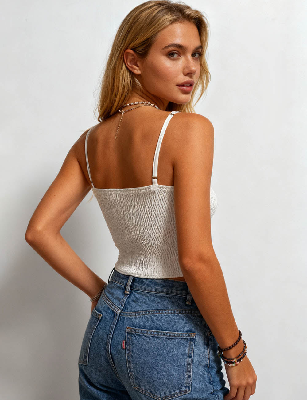 Ladies Ruffle Trim Corset Smocked Back Crop Cami Top