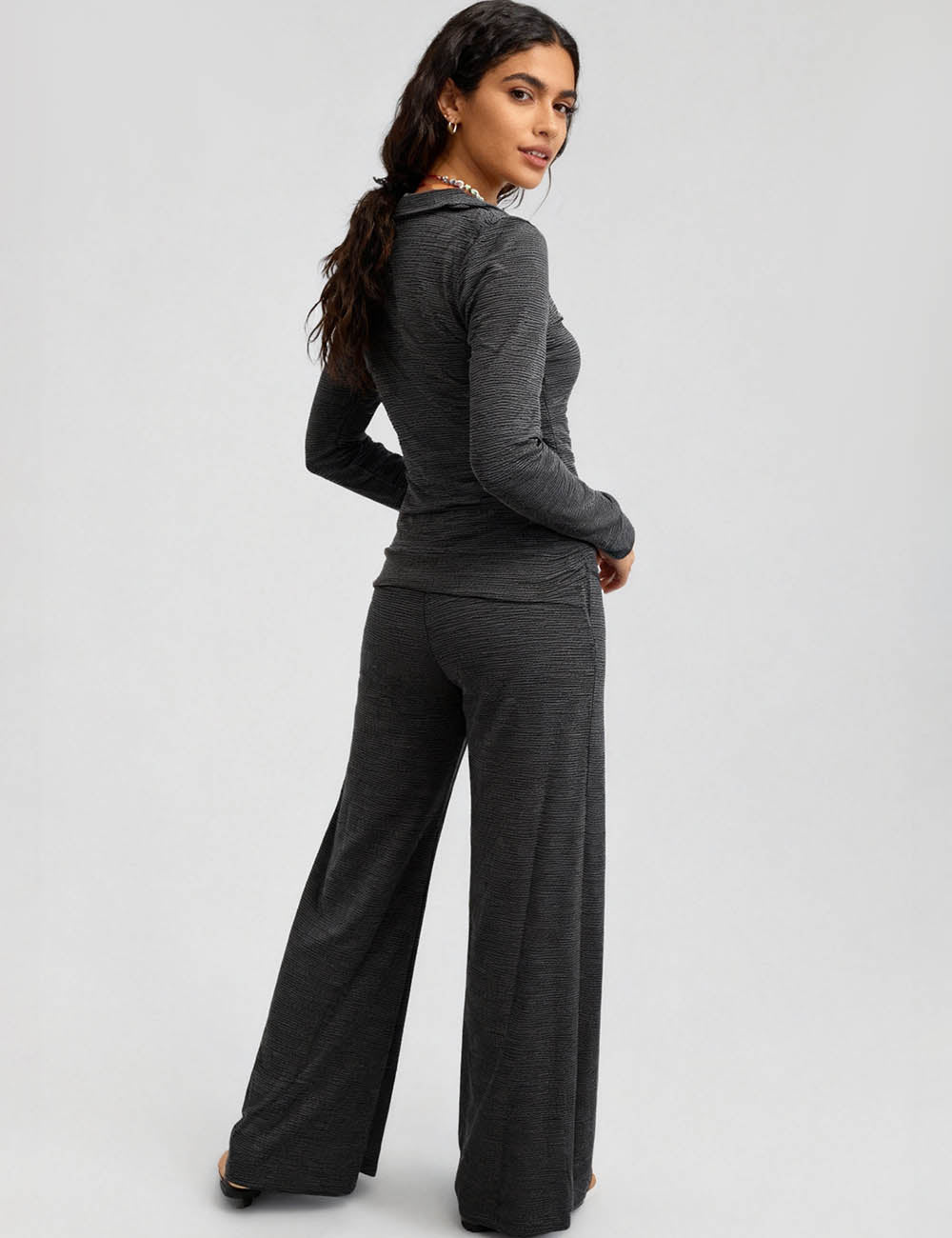 Ladies Striped Hooded Zip-Up Sweatshirt & Wide Leg Pants Set