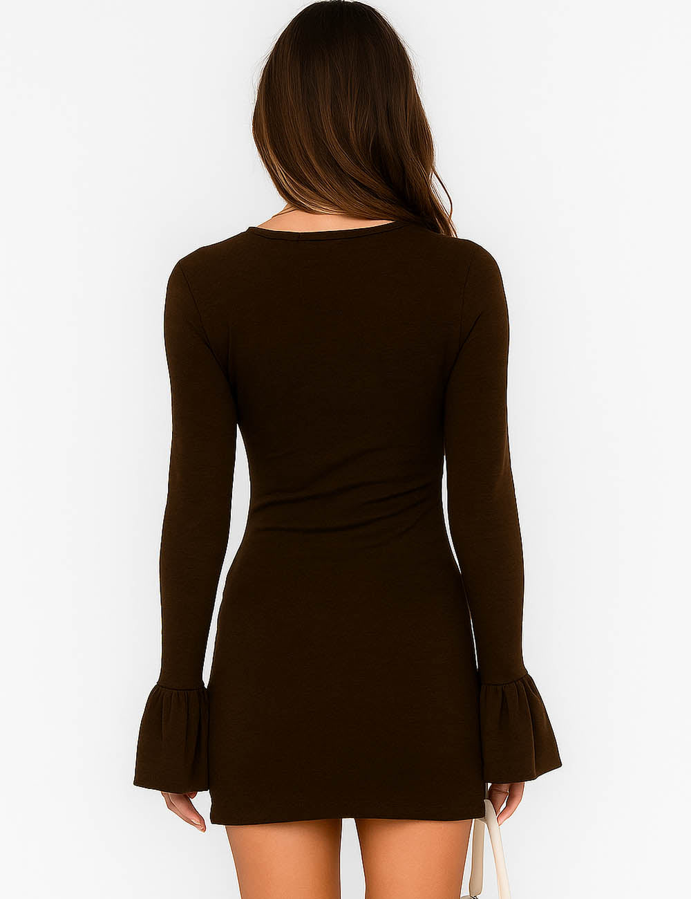 Ladies Solid Color Flared Sleeves Hip Wrap Mini Dress