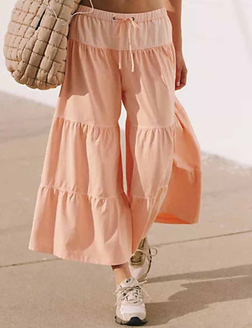 Ladies Solid Color Elastic Waist Ruched Tie Cropped Pants