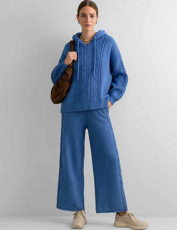 Ladies Cable Knit Hooded Top & Pants Sweater Set