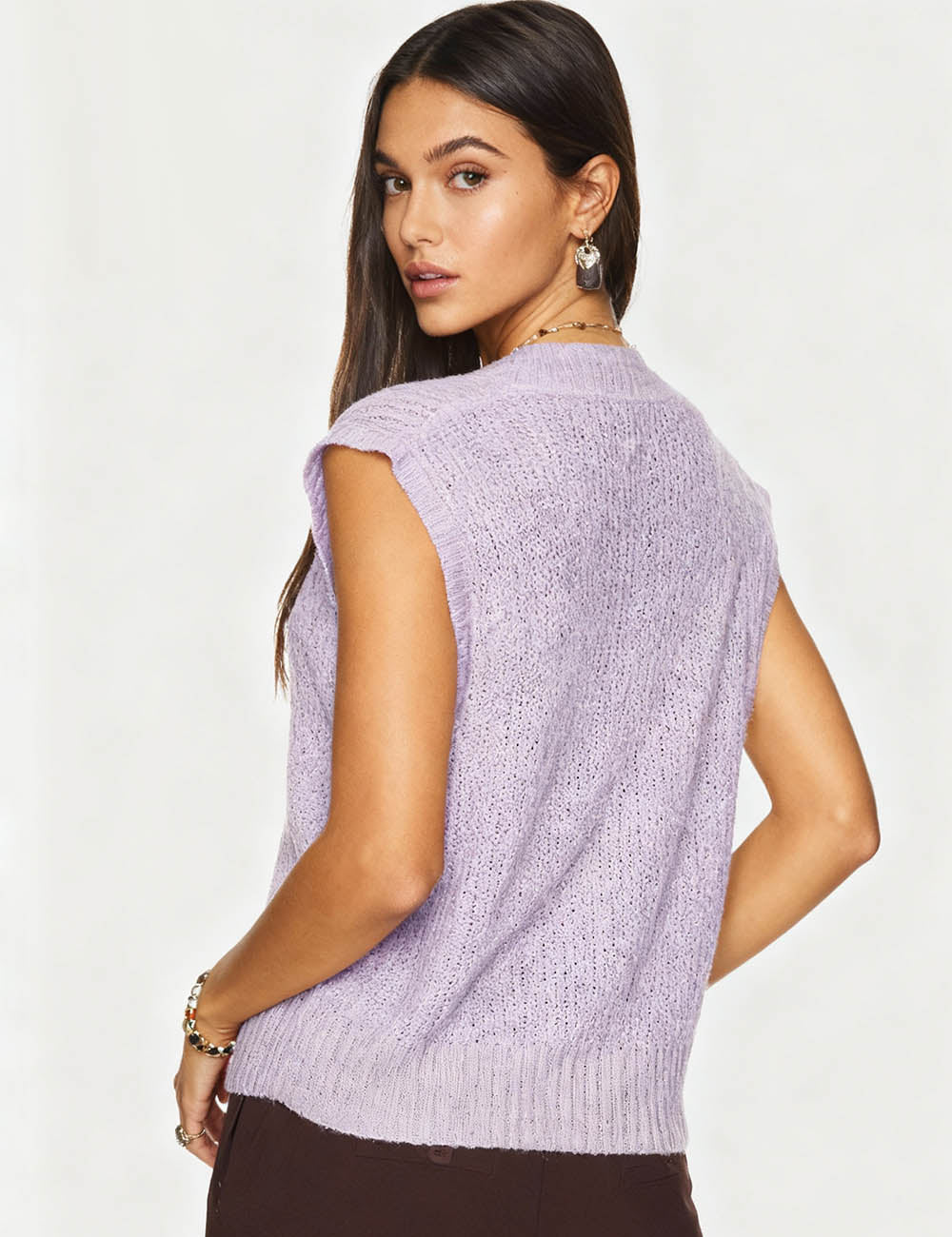 Ladies Solid Color V-Neck Rib Trim Knit Vest