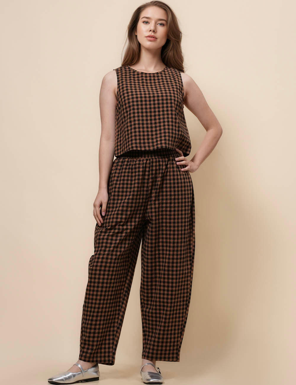 Ladies Plaid Color Block Top Pants 2PCS Set SKST41122
