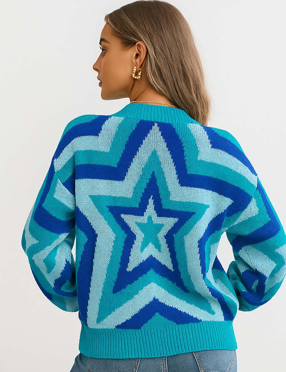Ladies Multi Color Stars Print Round Collar Knit Sweater