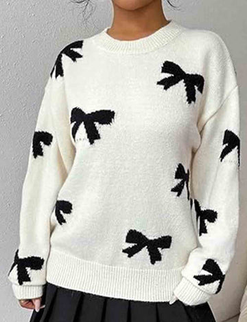 Ladies Color Black Bow Pullover Long Sleeves Sweater