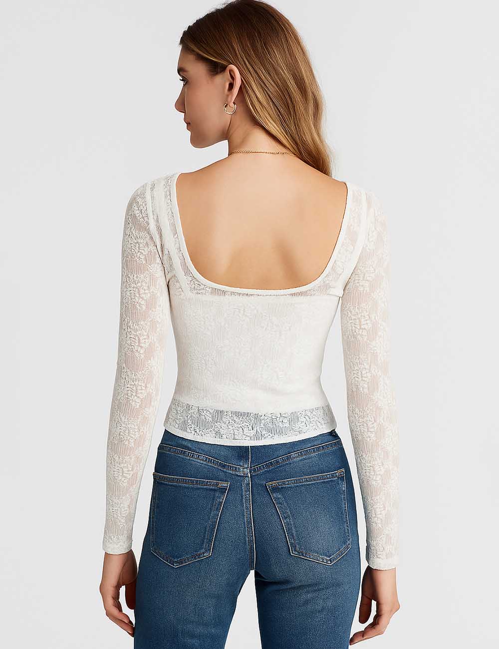 Ladies Lace See Sheer Long Sleeves Layering Top