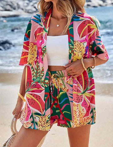 Ladies Tribal Print Short Sleeves Kimono Top & Shorts Set