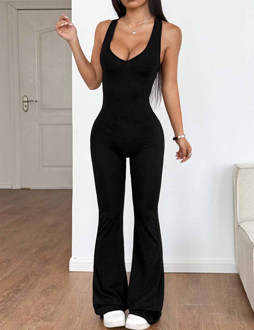 Ladies Solid Color Halter Strap Shoulder Sleeveless Flared Jumpsuit