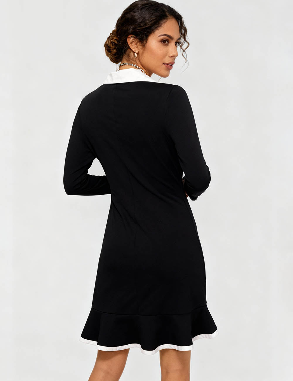 Ladies Polo Collar Color Block Ruffle Hem Mini Dress