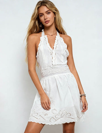 Ladies Chic Embroidery Hollow Bow Tie Halter Neck Mini Dress