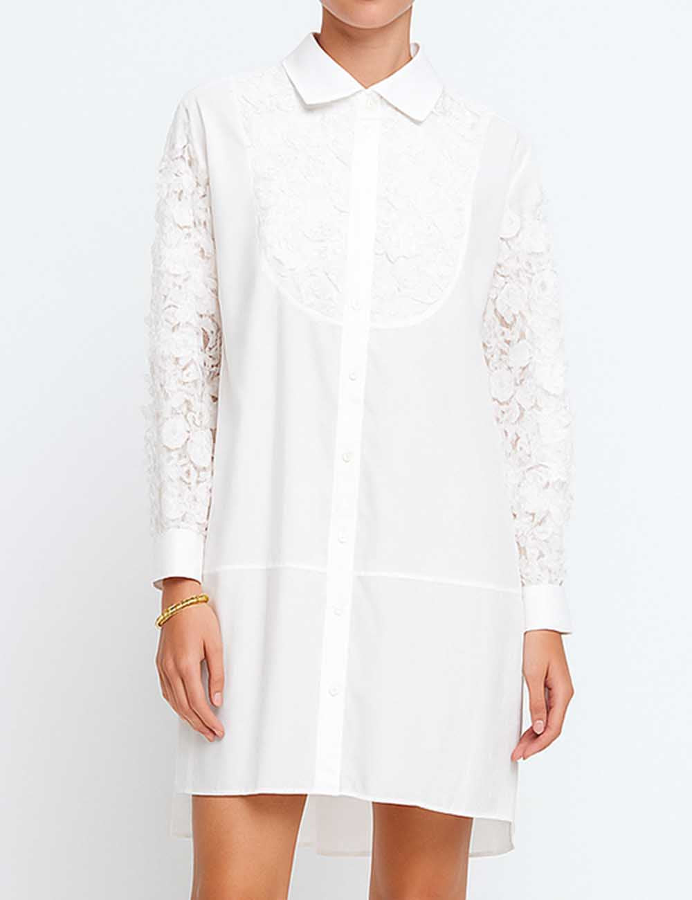 Ladies White U-Shaped 3D Flower Lace Sleeves Shirt Midi Dress