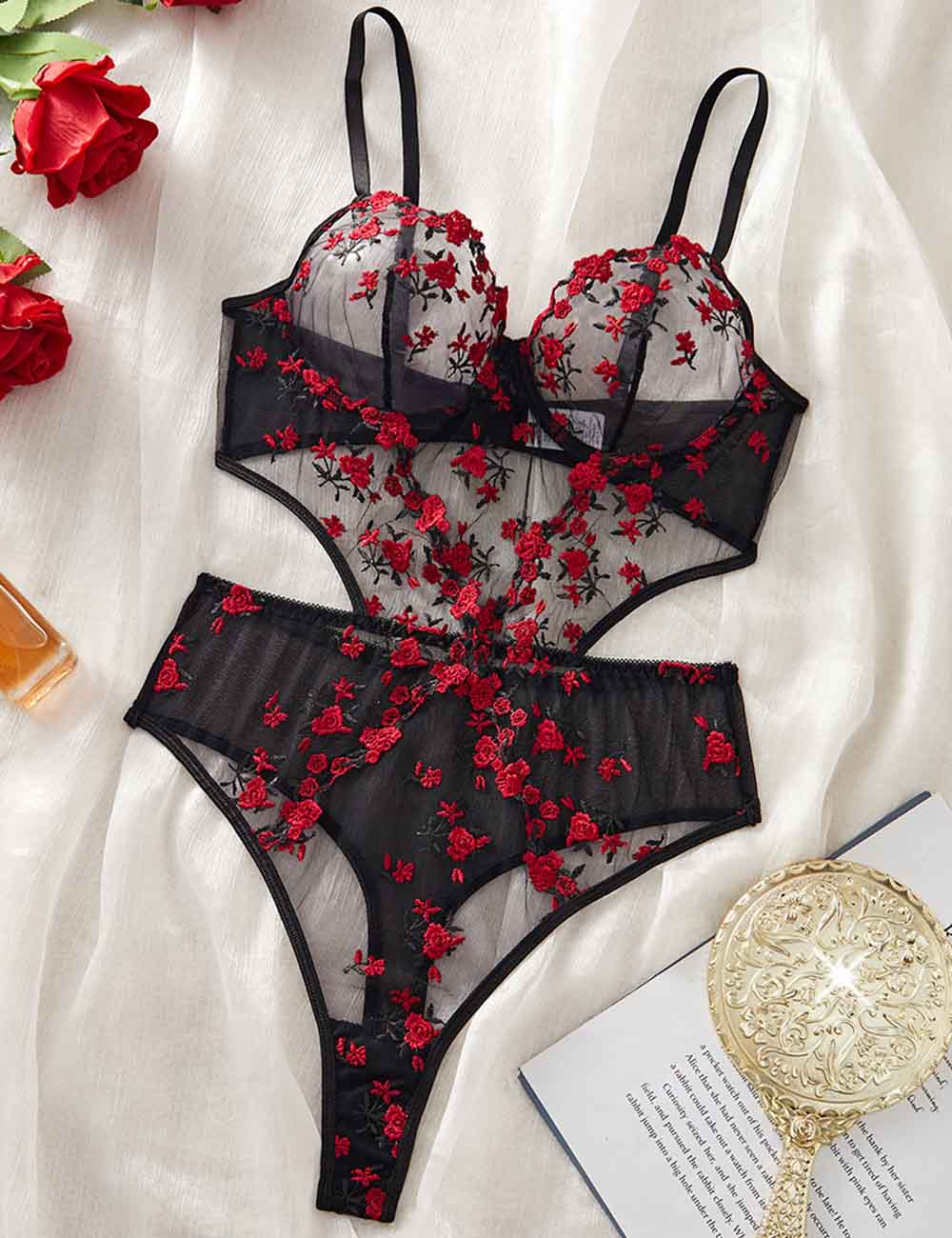 Ladies Sexy Sheer Floral Embroidery Lingerie Teddy