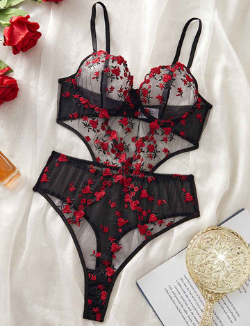 Ladies Sexy Sheer Floral Embroidery Lingerie Teddy