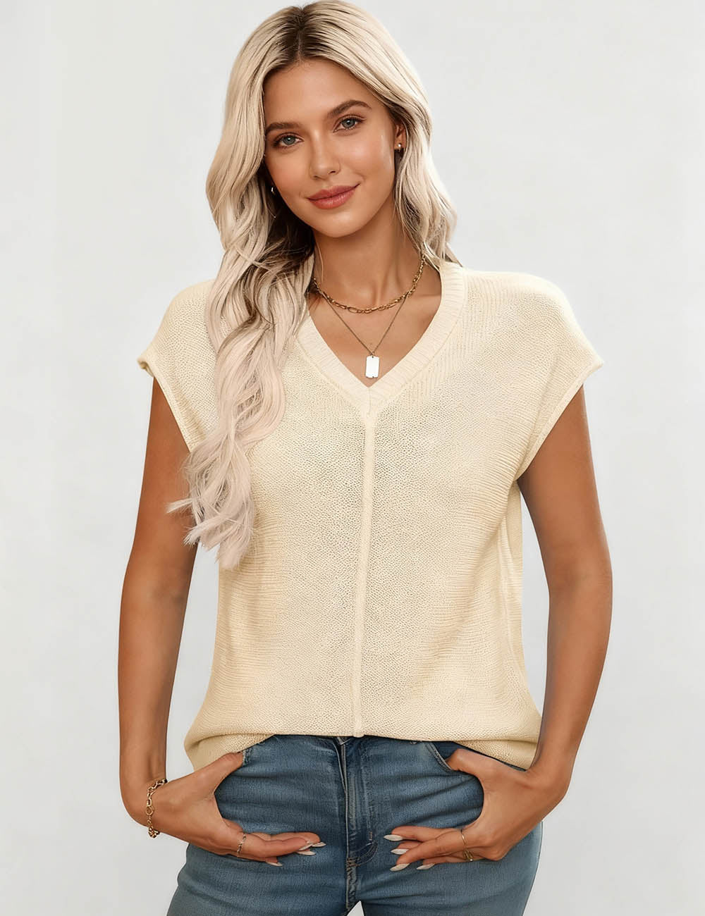 Ladies V-Neck Dropped Shoulder Short Sleeves Knit Top
