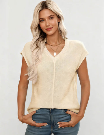 Ladies V-Neck Dropped Shoulder Short Sleeves Knit Top
