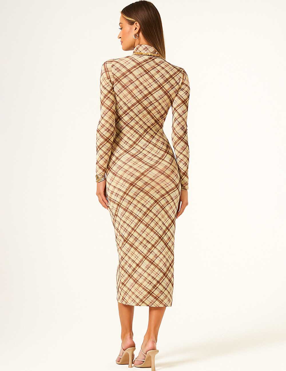 Women Checked Print Turtleneck Bodycon Maxi Dress