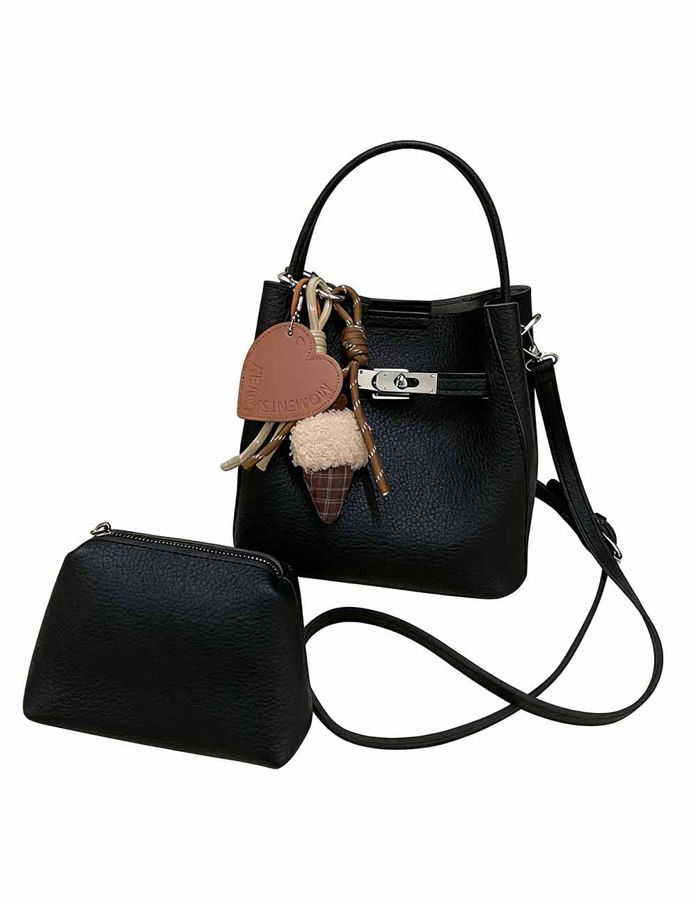 Ladies Litchi Faux Leather Crossbody Mini Bucket Bag Set